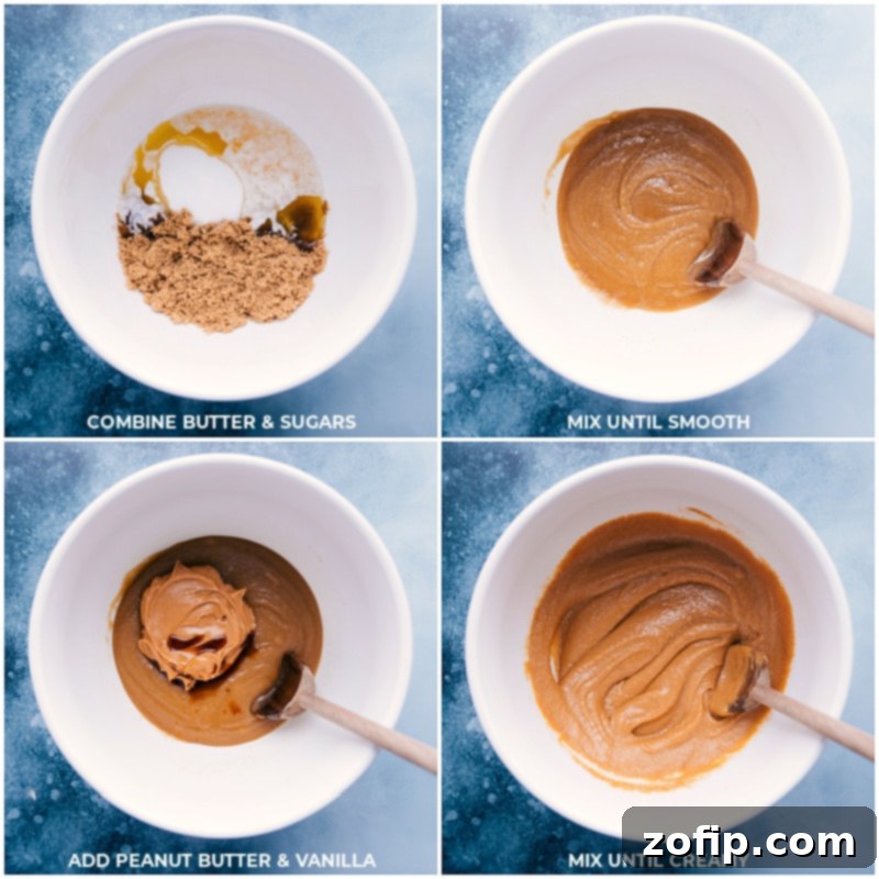 Process shots showing butter, sugars, creamy peanut butter, and vanilla extract being combined in a large bowl, demonstrating the initial steps of mixing ingredients for peanut butter chocolate chip cookies.