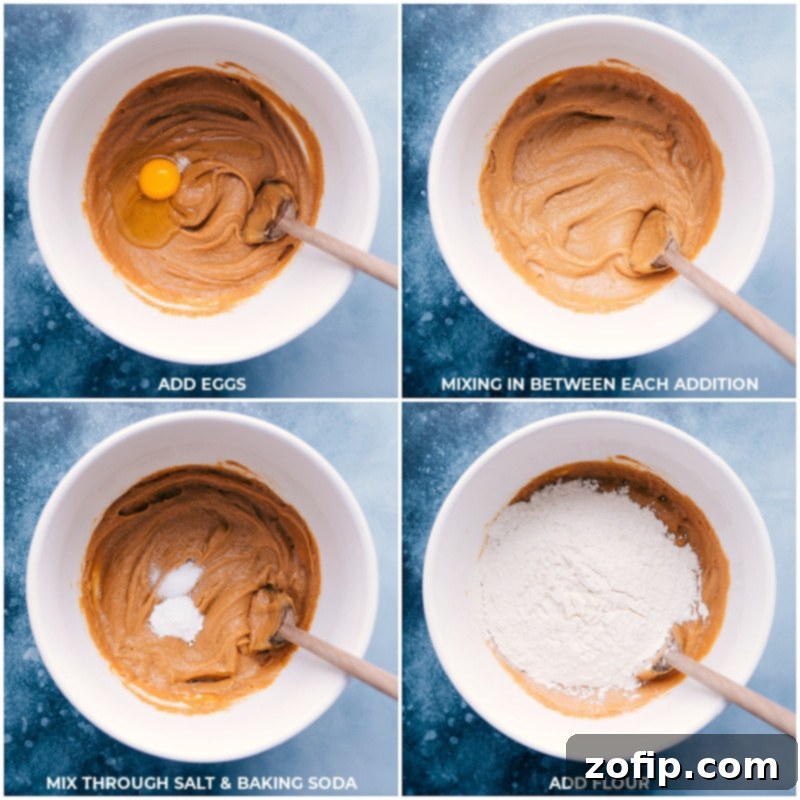 Process shots showing eggs, salt, baking soda, and flour being added and mixed into the peanut butter cookie dough, detailing the progression of the recipe.