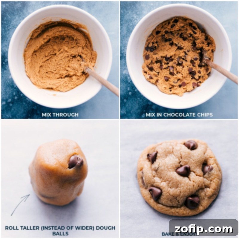 Process shots showing chocolate chips being folded into the cookie dough, followed by the dough being rolled into balls, and finally, the cookies baking on a sheet pan.