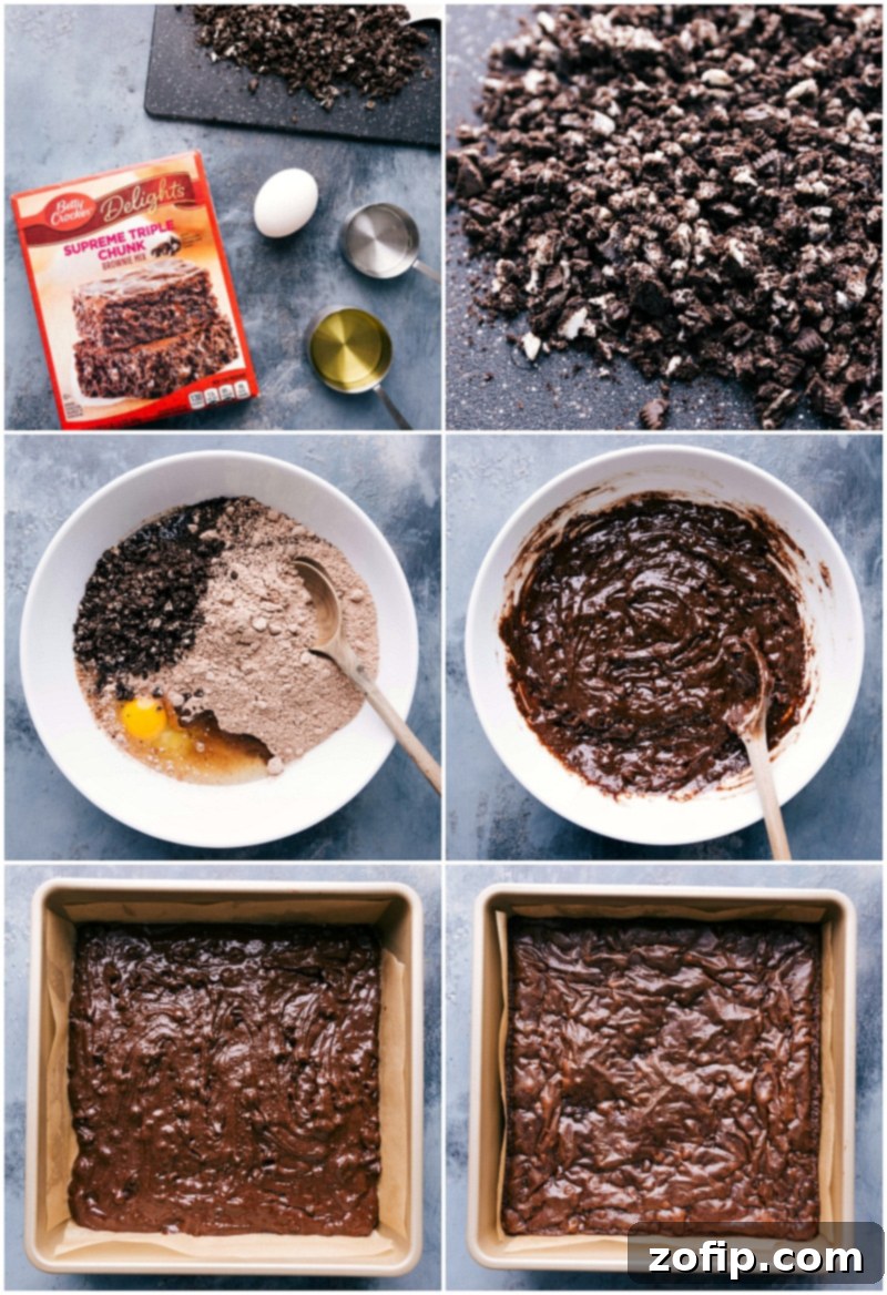 Creating Oreo-Infused Brownie: Mixing to Baking Brownie mix preparation, oreos mixed into dough, and batter poured into a baking pan.