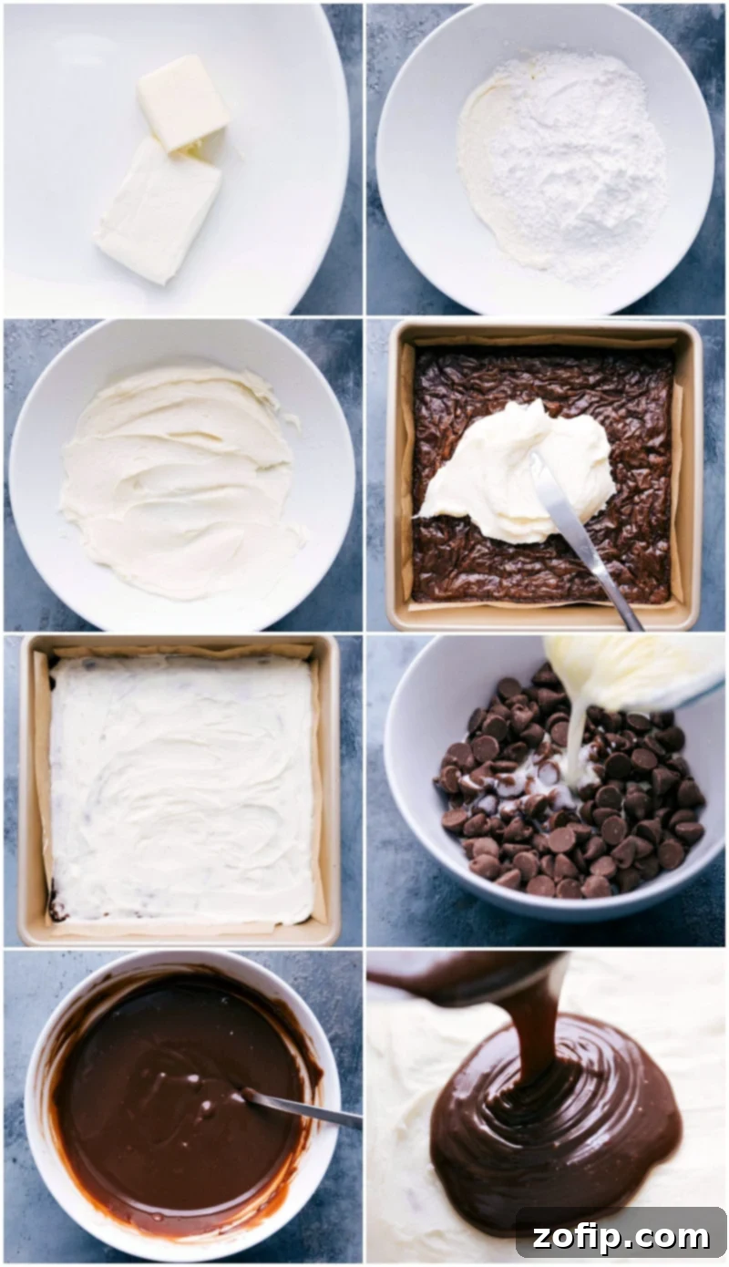 Crafting Layers of Peppermint Frosting and Rich Chocolate Topping Peppermint frosting being skillfully prepared and a smooth chocolate layer poured on top for the peppermint brownies.