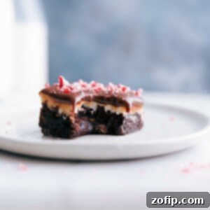 Cool Mint Chocolate Bliss 2 A luscious peppermint brownie with a bite mark, showcasing its peppermint frosting and rich chocolate ganache topping, presented on a plate.