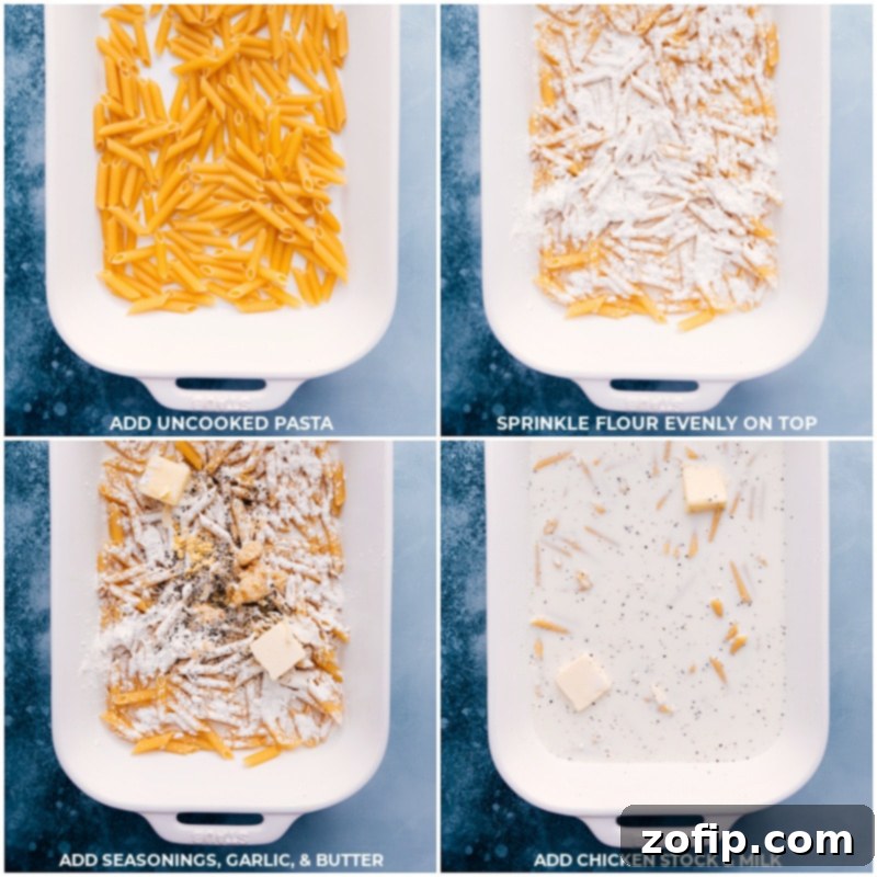 Process shots showing uncooked pasta, flour, seasonings, minced garlic, butter, chicken stock, and milk being added to a 9x13 inch baking dish.