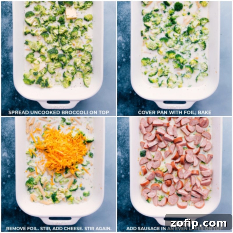 Process shots of Cheesy Sausage Pasta showing broccoli, cheese, and sliced smoked sausage being added and mixed into the baking dish.