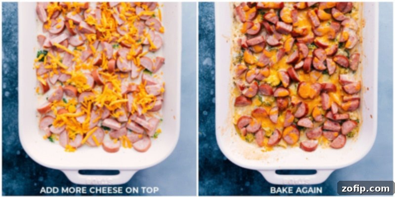 Process shots showing more shredded cheese being added to the top of the Cheesy Sausage Pasta before returning it to the oven for final baking.
