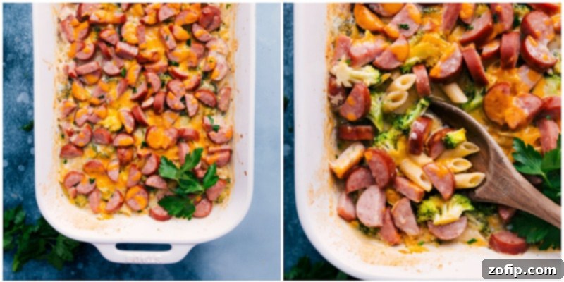 Image of the Cheesy Sausage Pasta fresh out of the oven, bubbly and golden, ready to be served.