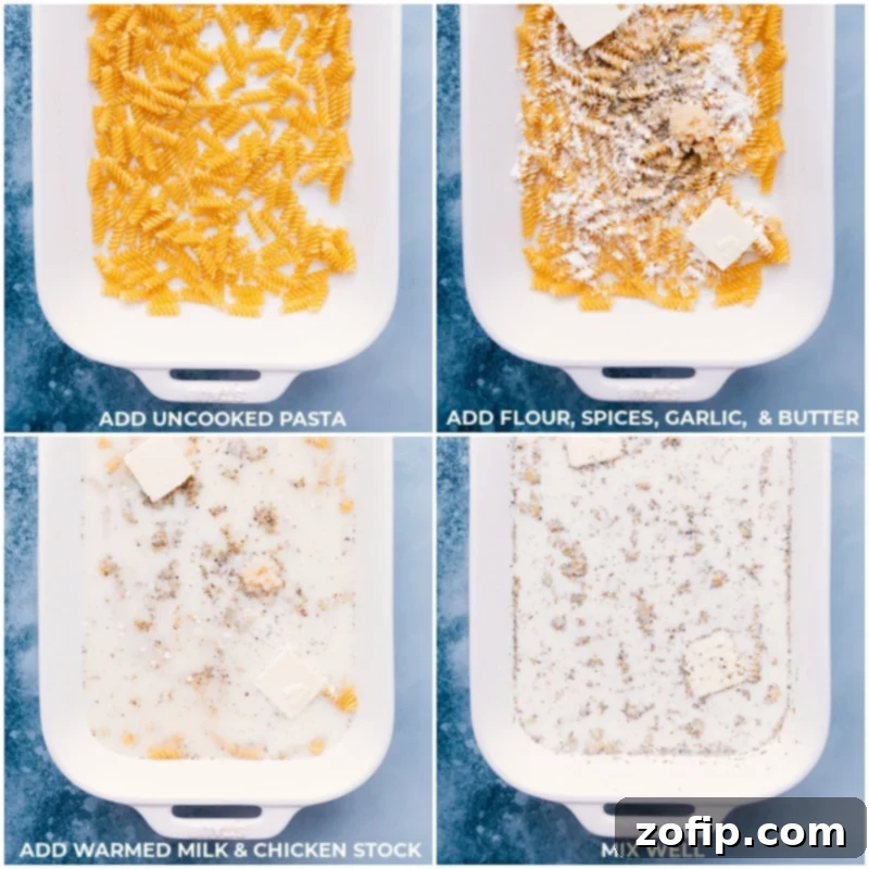 Process shots-- images of the pasta, flour, spices, garlic, butter, milk, and chicken stock being added to a 9x13-inch pan in layers.