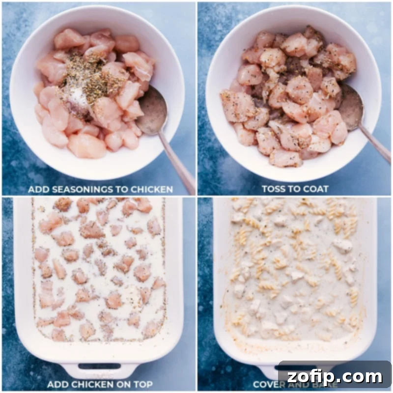 Process shots of Tuscan Chicken Pasta-- images of the seasoned chicken being added to the pan, and it all being covered and baked to perfection.