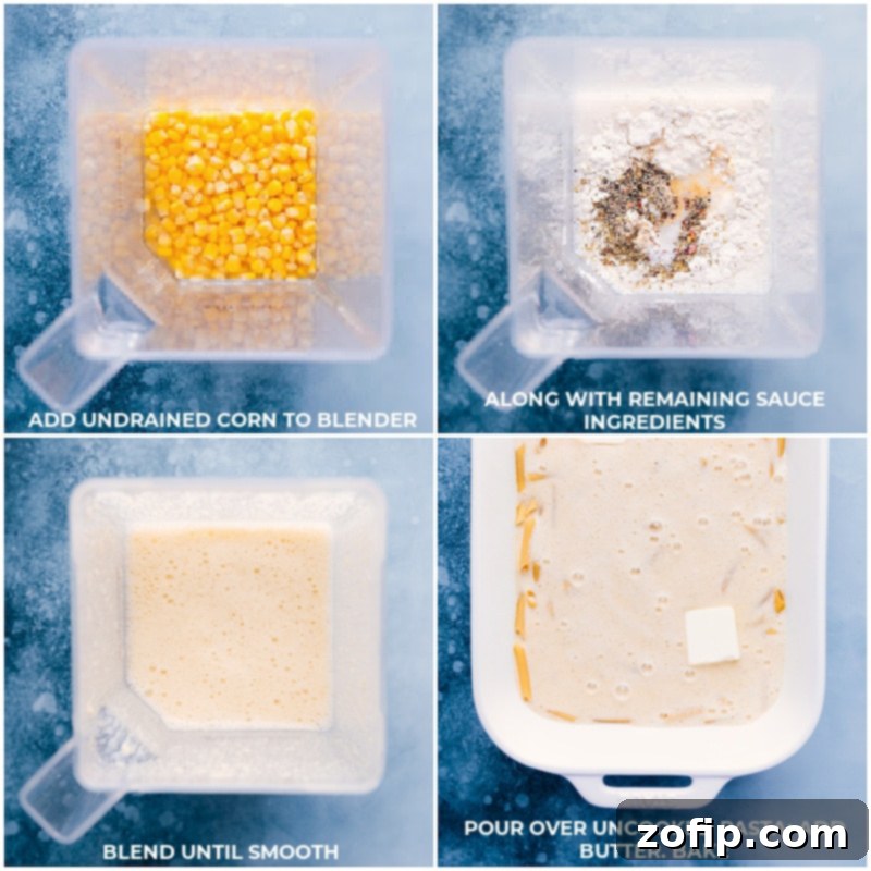 Process shots showing how to prepare the Healthy Pasta Bake: first, adding all sauce ingredients to a blender, then processing them until smooth, and finally, pouring the creamy sauce over uncooked pasta in a baking dish.