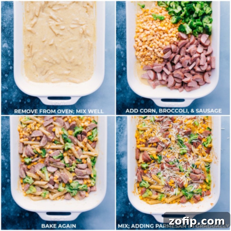 Process shots for the Healthy Pasta Bake: adding frozen corn, broccoli, and chicken sausage to the baked pasta, stirring, then baking again. Finally, topping with Parmesan cheese and baking until golden.