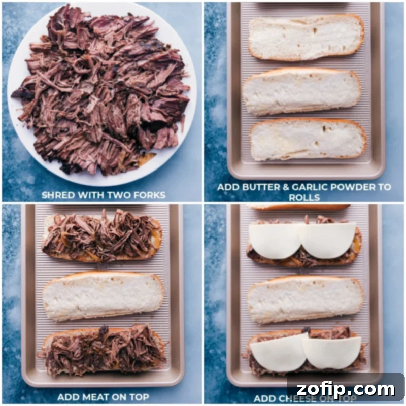 Process shots of French Dip Sandwiches showing the tender shredded beef being piled onto toasted hoagie rolls, followed by slices of provolone cheese for melting.