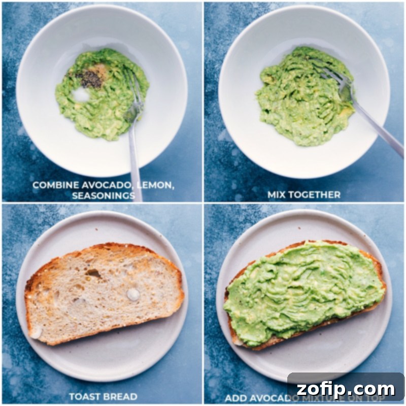 A step-by-step image showing the process of making avocado toast: mashing avocado with lemon and seasonings in a bowl, toasting a slice of bread, and finally topping the toasted bread with the creamy avocado mixture.