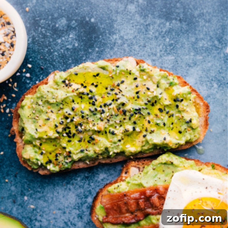 An overhead image of the Everything Bagel Avocado Toast, generously sprinkled with savory Everything Bagel seasoning.