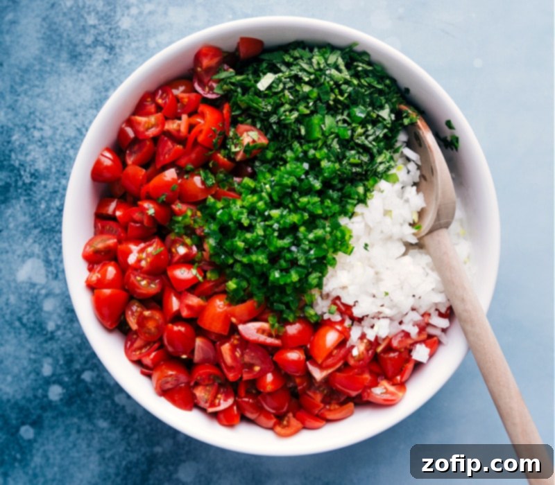 Process shots showing various fresh ingredients for Pico de Gallo being added to a mixing bowl