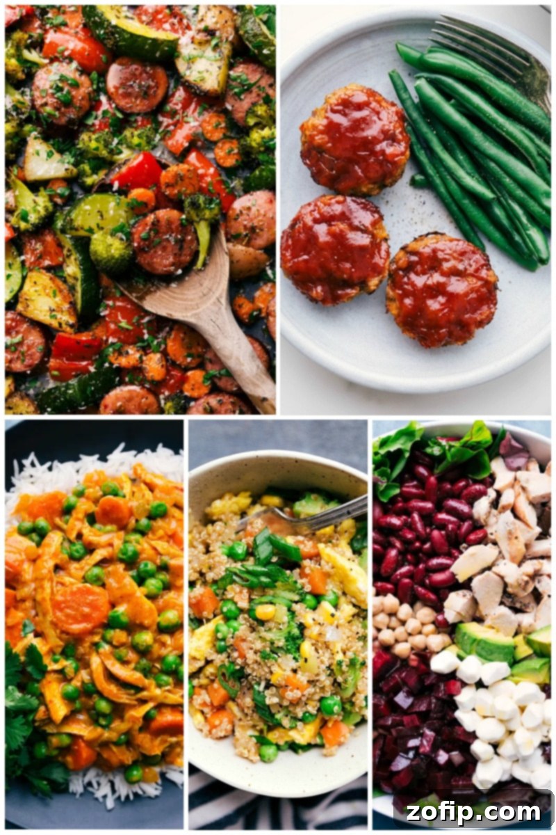 Discover 30 healthy dinner recipes for quick, easy, and family-friendly meals. Perfect for clean eating and whole food diets. Overhead image of 5 healthy dinner recipes, showcasing vibrant, fresh ingredients perfect for quick and easy meals.