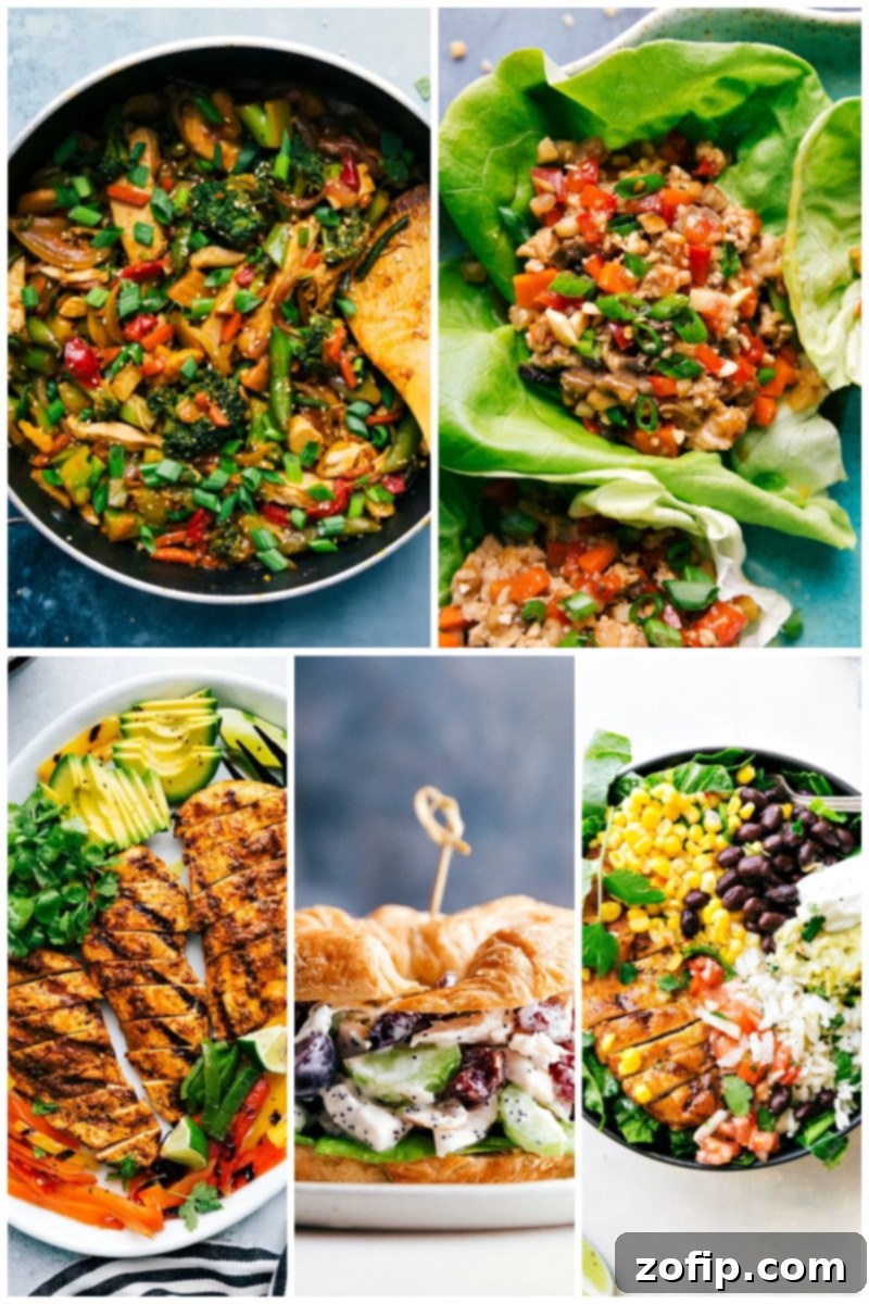Explore 30 healthy dinner recipes featuring chicken, perfect for quick, easy, and simple family meals. Ideal for clean eating and whole food lifestyles. Images of 5 different healthy chicken dinner recipes, showcasing versatile and flavorful meal ideas.
