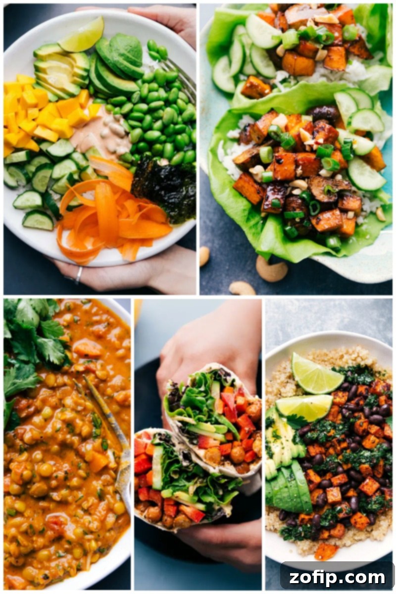 Explore our favorite 30 healthy dinner recipes, including vegetarian options. Quick, easy, simple, family-friendly, kid-friendly, clean eating, whole food dishes. 5 images of different vibrant vegetarian dishes, highlighting their freshness and appeal.