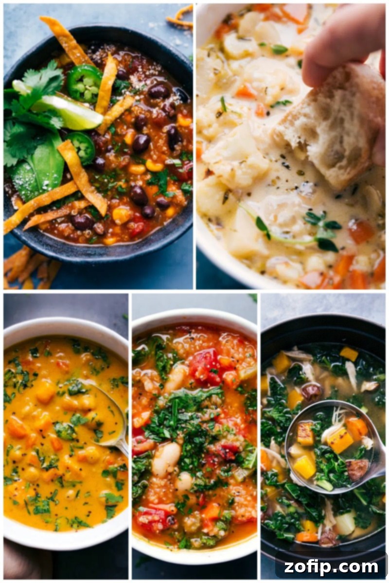 Delicious 30 healthy dinner recipes, including comforting soups. Quick, easy, simple, family-friendly, kid-friendly, clean eating, whole food dishes. Images of different healthy soup dinner recipes, highlighting their warmth and nutritional value.