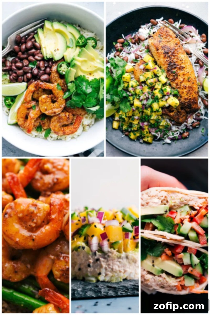 Discover our family's favorite 30 healthy dinner recipes, including delicious seafood options. Quick, easy, simple, family-friendly, kid-friendly, clean eating, whole food dishes. Images of 5 different healthy seafood dishes, emphasizing freshness and quick preparation.