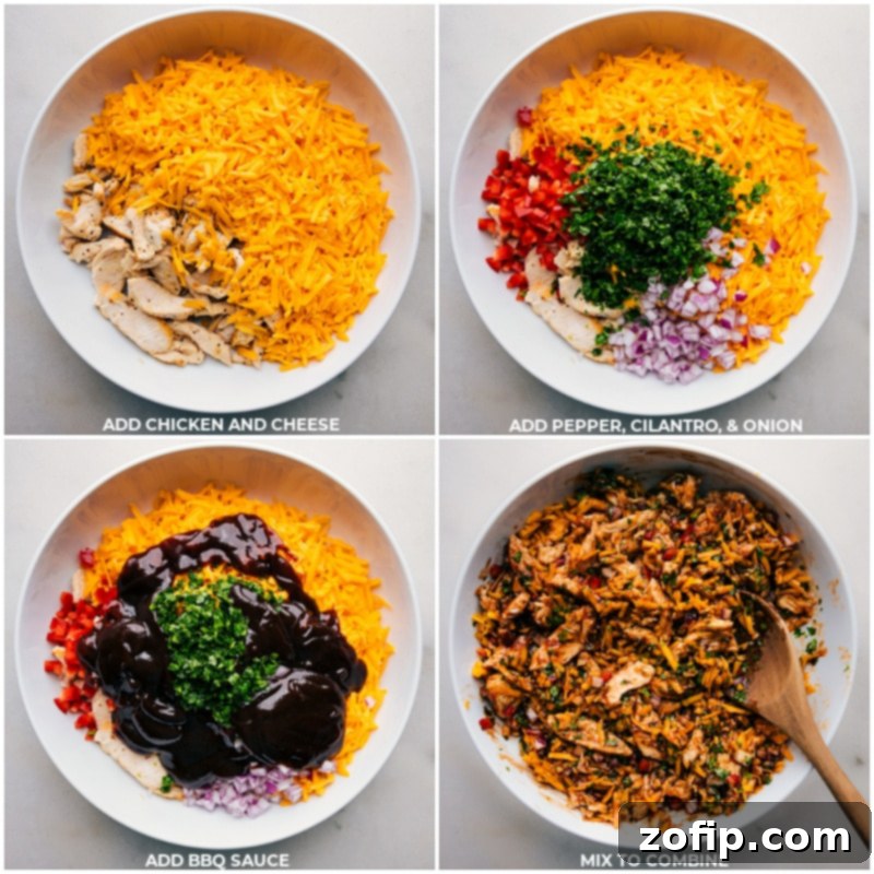 Zesty BBQ Chicken Roll-ups 5 A sequence of images showing the process of mixing the BBQ Chicken Wrap filling: shredded chicken, BBQ sauce, sharp Cheddar, red bell pepper, cilantro, and red onion being added to a large bowl.