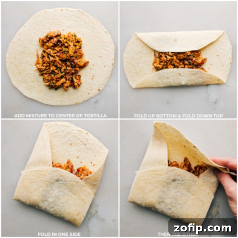 Zesty BBQ Chicken Roll-ups 6 A sequence of images demonstrating how to neatly fold the BBQ Chicken Wraps into a tight packet.