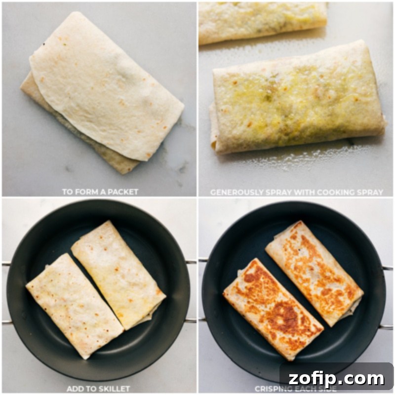 Zesty BBQ Chicken Roll-ups 7 Crispy BBQ Chicken Wraps cooking in a hot non-stick skillet, turning golden brown and achieving a perfect crunch.