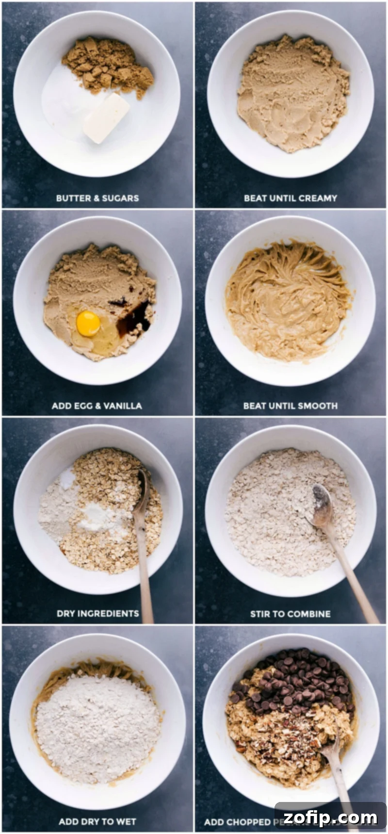 Cookie Dough Preparation - Mixing Ingredients and Adding Pecans and Chocolate Beating the butter and sugars until creamy, adding egg and vanilla and mixing again, combining dry ingredients with wet ingredients, and adding chopped nuts and chocolate.