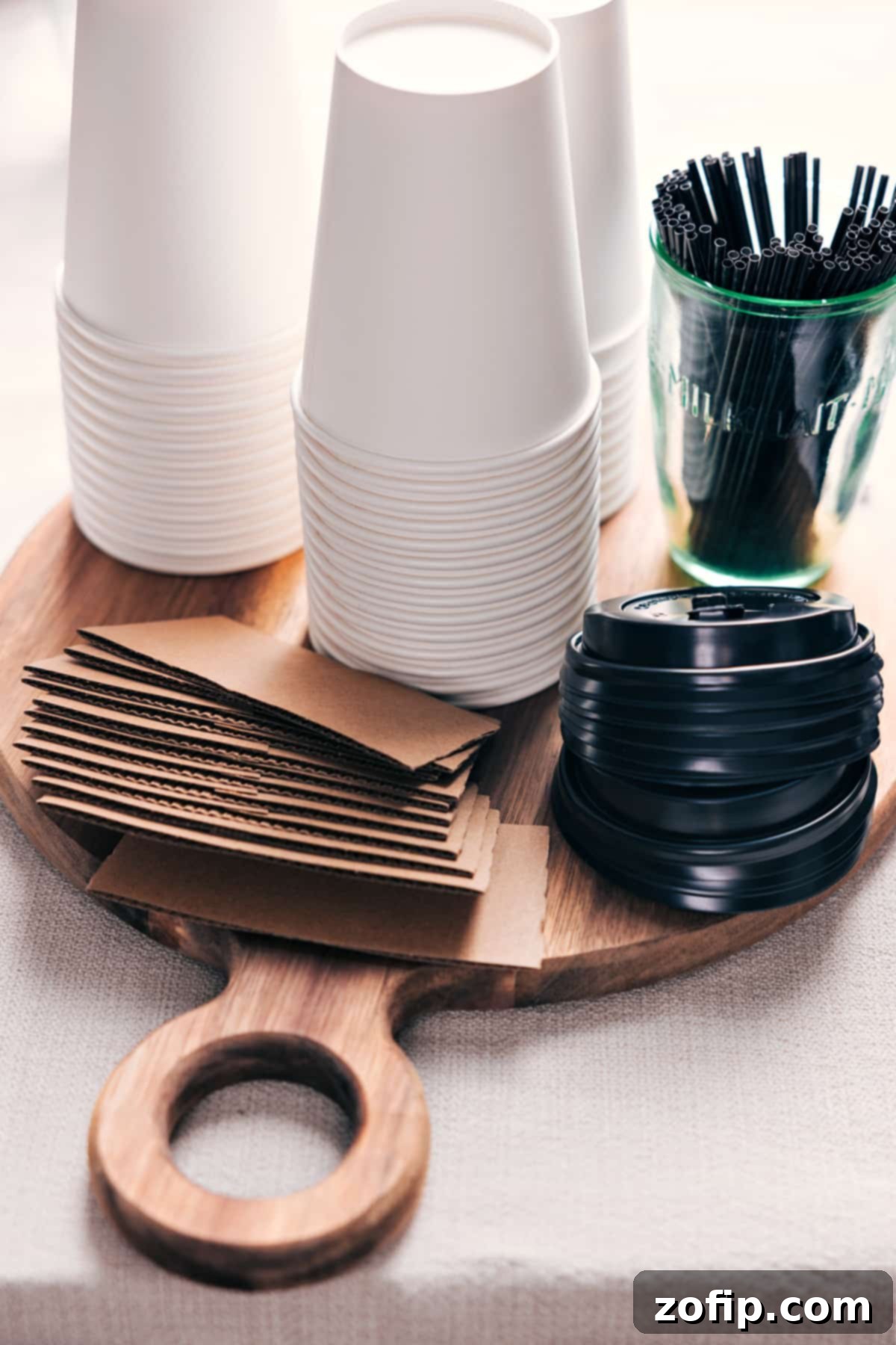 A selection of ready-to-use hot chocolate cups with lids and a variety of colorful straws neatly arranged on a wooden board, awaiting guests.