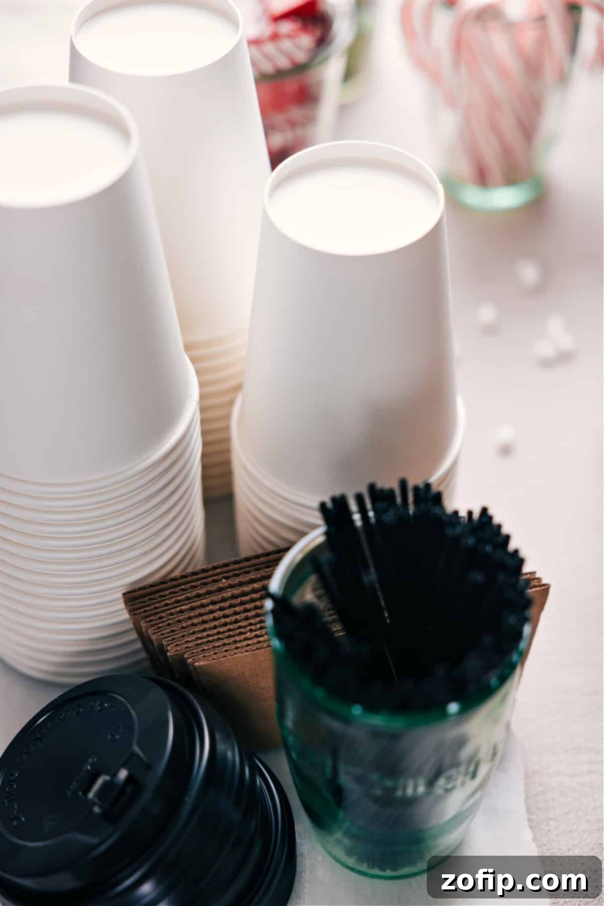 An organized display of matching coffee cups with lids, stacked neatly and ready for a hot beverage station.