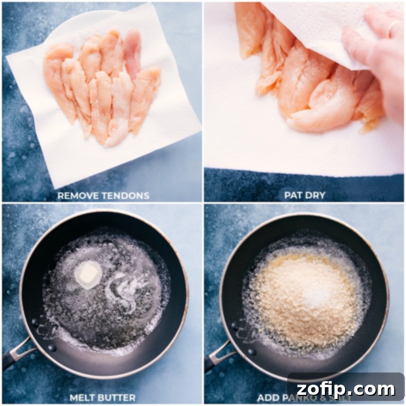 Process shots showing raw chicken tenders being prepped, followed by panko breadcrumbs being toasted in a skillet with butter until golden.