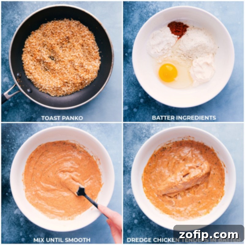 Process shots illustrating the making of Buffalo Chicken Tenders, including mixing batter ingredients and dredging chicken in the creamy mixture.