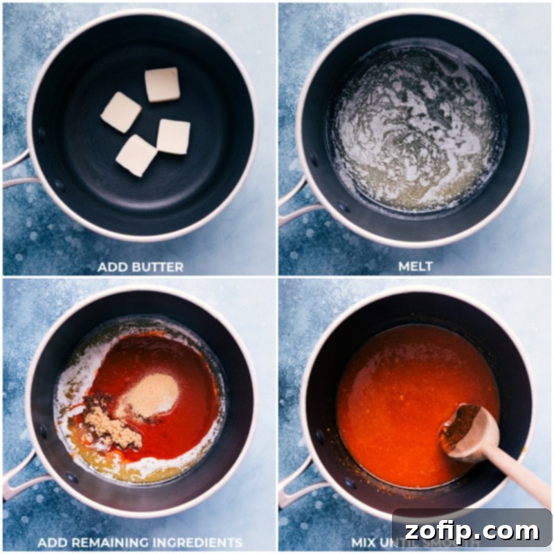 Process shots of Buffalo Chicken Tenders, showing melted butter and other sauce ingredients being combined in a pot on the stovetop.
