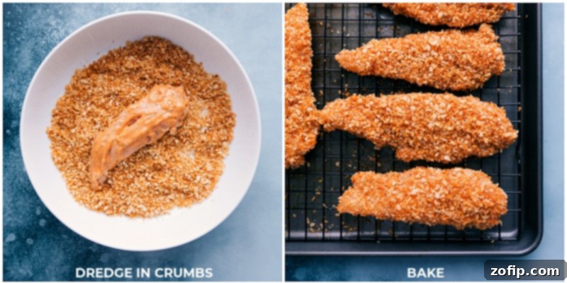 Process shot of Buffalo Chicken Tenders: Chicken pieces being generously dredged in toasted Panko breadcrumbs.