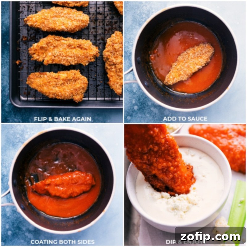 Process shots of Buffalo Chicken Tenders: Cooked tenders being flipped and then tossed generously in the vibrant Buffalo sauce.