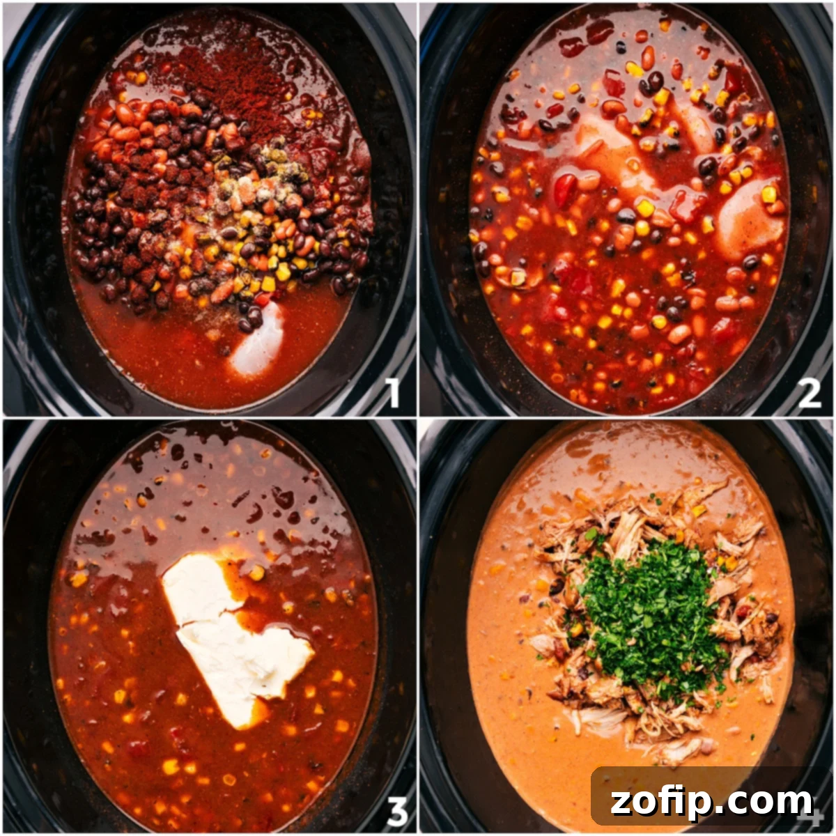 Step-by-step assembly of slow cooker chicken chili, showing all ingredients added to the crockpot, then chicken removed for shredding, and finally cream cheese and cilantro being stirred in.