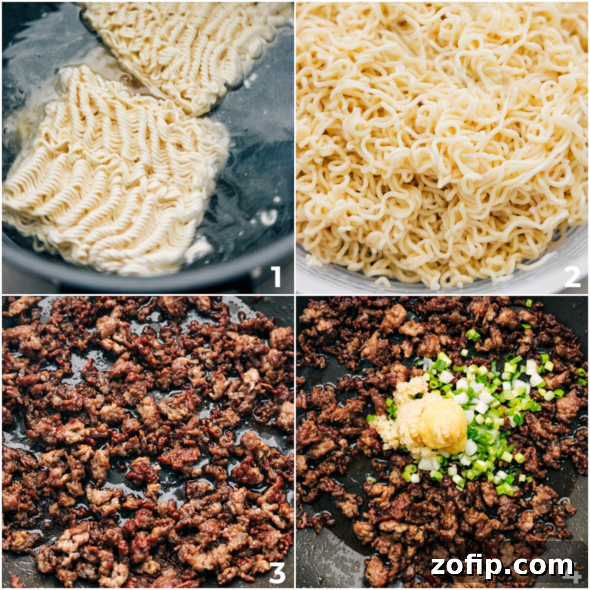 How To Make Easy Pork Ramen Stir Fry The noodles being boiled in a pot, while in a separate pan, ground pork is being browned and cooked through. Following this, aromatic ginger, garlic, and green onions are added to the pork mixture for the Pork Ramen Stir Fry, releasing their fragrant oils.