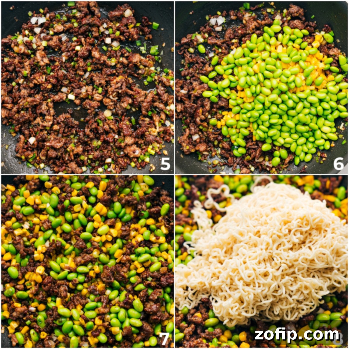 Easy And Delicious Pork Ramen Stir Fry Recipe Frozen edamame and corn being added to the browned ground pork mixture and warmed through, followed by the drained ramen noodles being vigorously tossed into the pan with the meat and vegetables, all ready for the sauce for this Pork Ramen Stir Fry Recipe.