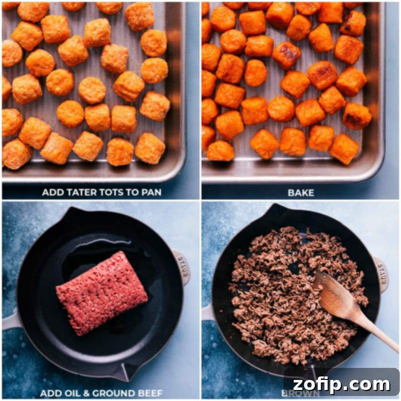Process shots showing the initial steps of making Totchos: frozen tater tots spread evenly on a baking sheet, followed by ground beef browning in a skillet.