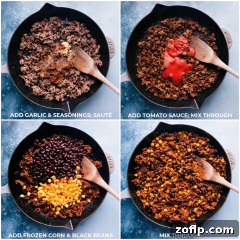 Process shots illustrating the preparation of the ground beef mixture for Totchos: adding seasonings, tomato sauce, corn, and black beans, then mixing them thoroughly in a skillet.
