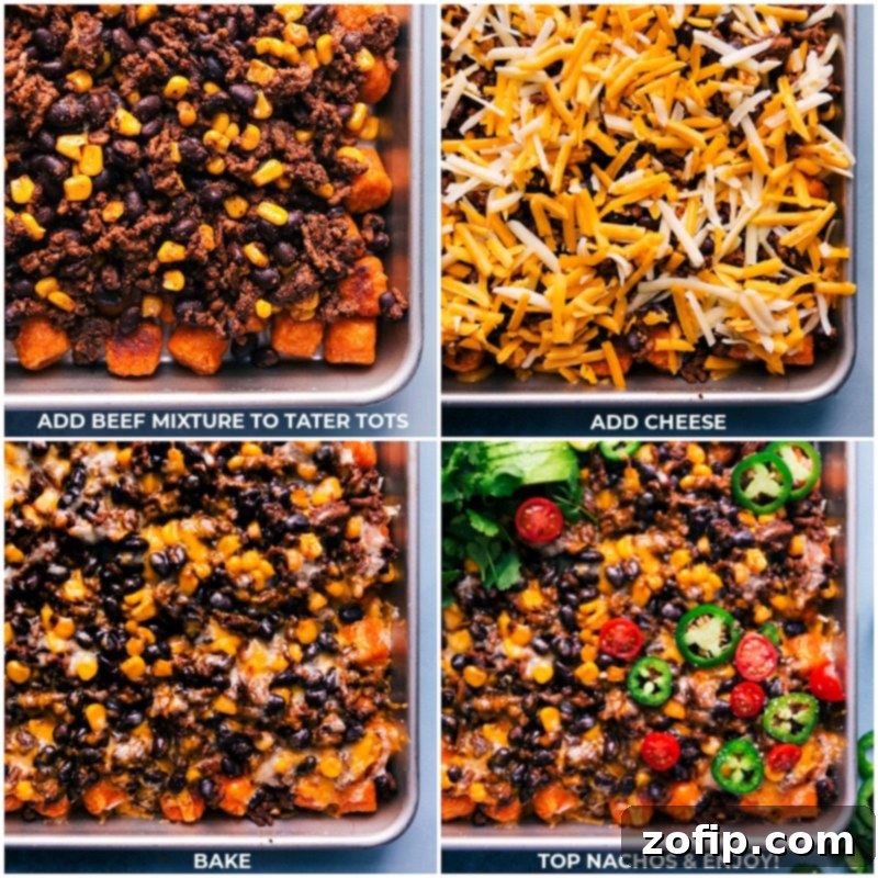 Final process shots of Totchos: the seasoned beef mixture being spread over crispy tater tots, followed by a generous layer of shredded cheese, and then baked until golden and bubbling.