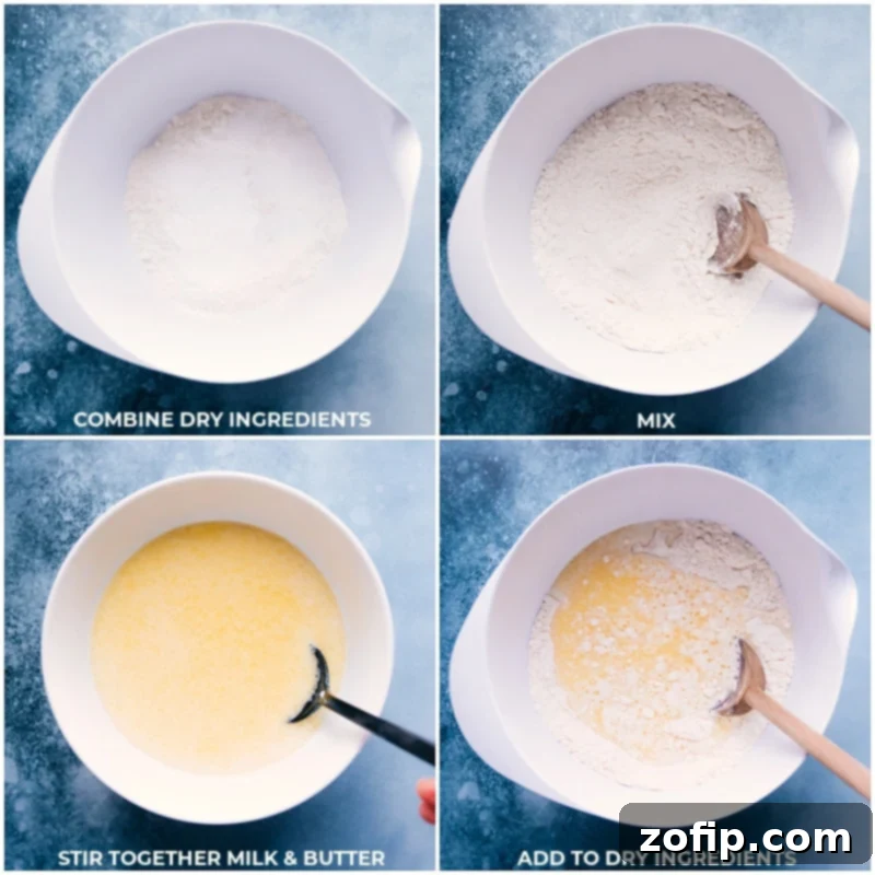 Sequential images demonstrating the preparation of Fry Bread dough, showing dry ingredients, wet ingredients, and their combination into a shaggy dough
