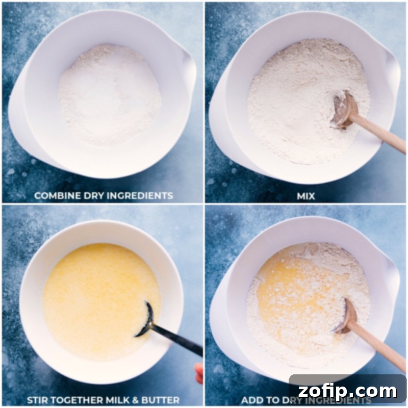 Process shots showing wet and dry ingredients being mixed together in a large bowl to form the Utah Scone dough.