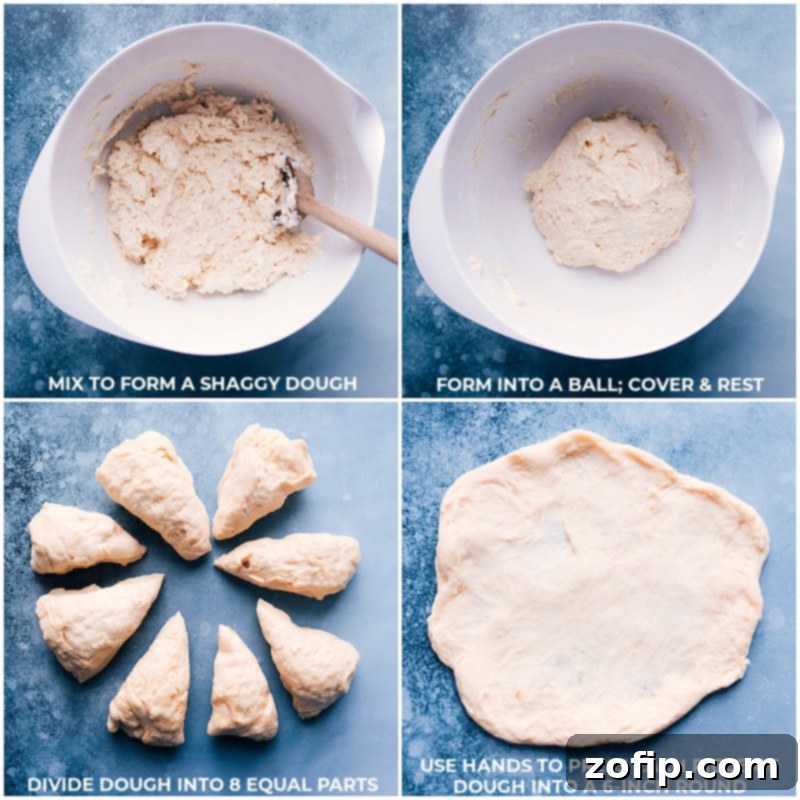 Process shots of Utah Scones: dough being rolled into a ball, then divided into 8 equal pieces, and each piece being pressed into thin 6-inch rounds by hand.