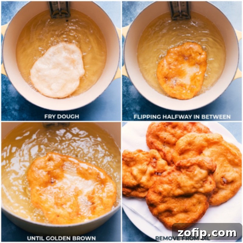 Process shots showing the Utah Scone dough being carefully dropped into hot oil in a deep pot and frying to a golden brown.