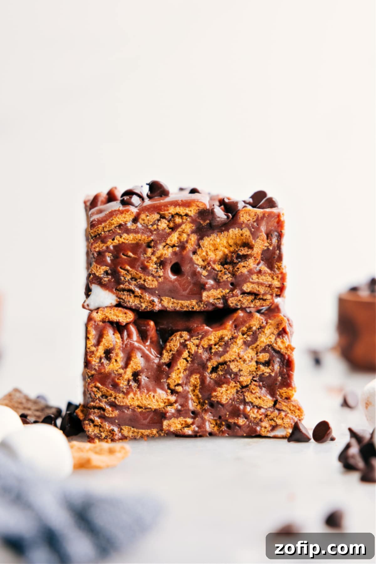 S'mores Cereal Bars piled high on top of each other, showcasing their gooey marshmallow, melted chocolate, and golden graham cereal texture.