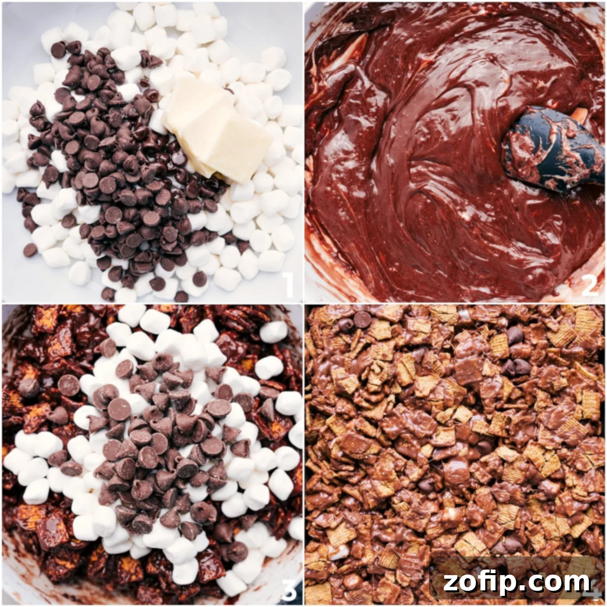 Step-by-step process of making S'mores Cereal Bars: melting marshmallows, chocolate, and butter, then mixing in graham cereal, extra chocolate chips, and marshmallows, finally spreading into a baking pan.