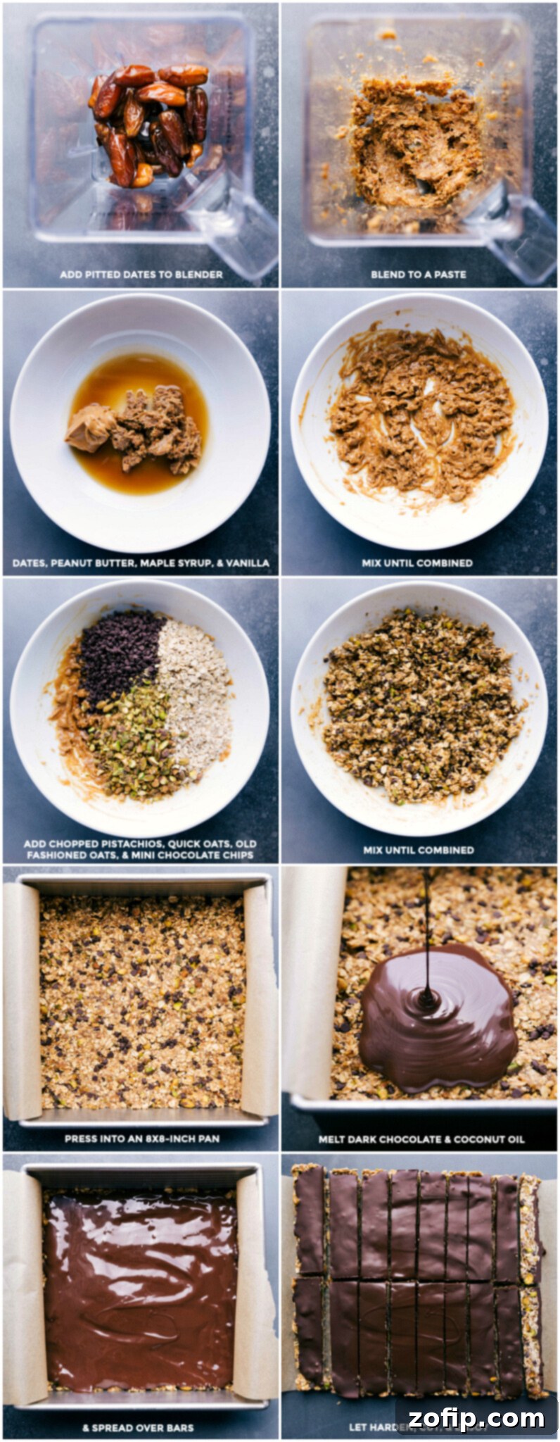 A visual guide to making homemade granola bars: showing dates being blended, ingredients mixed in a bowl, the mixture pressed into a pan, and melted chocolate poured on top.