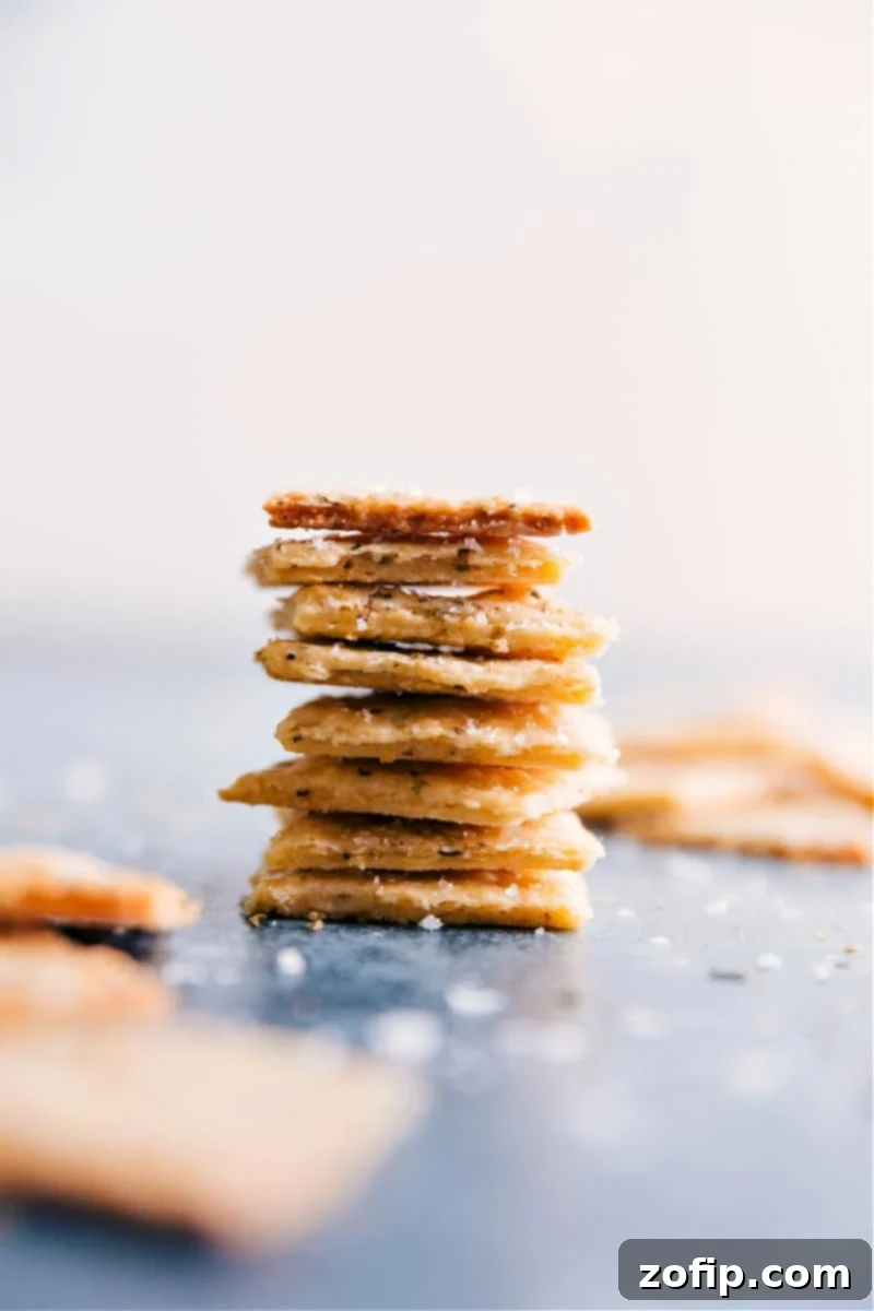 Image of perfectly stacked Homemade Parmesan and Italian Herb Crackers, golden brown and ready to be enjoyed