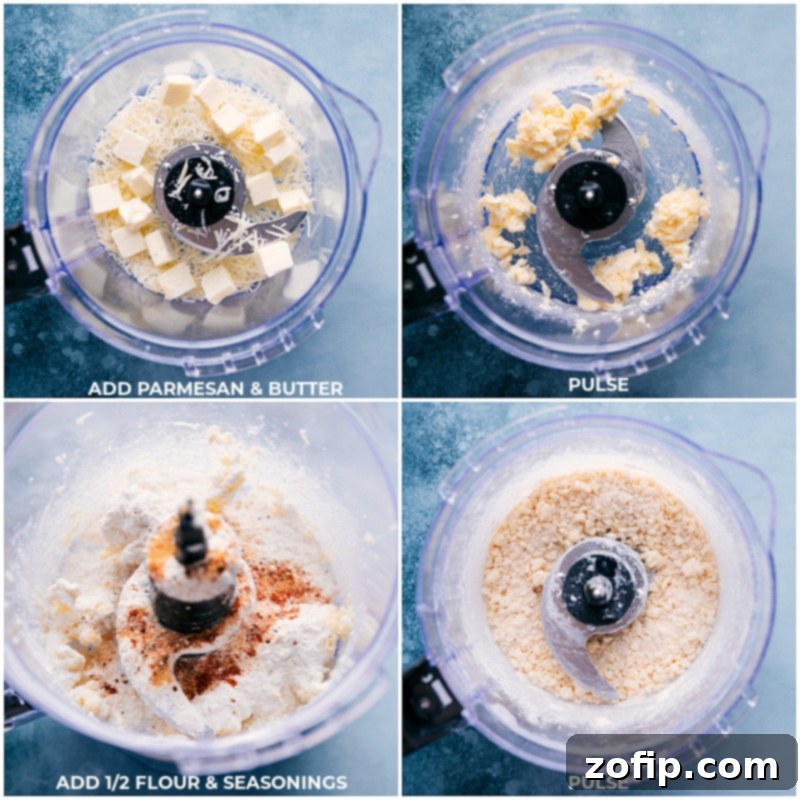 Process images showing Parmesan cheese, cold butter, flour, and various Italian seasonings being added and pulsed together in a food processor to form cracker dough
