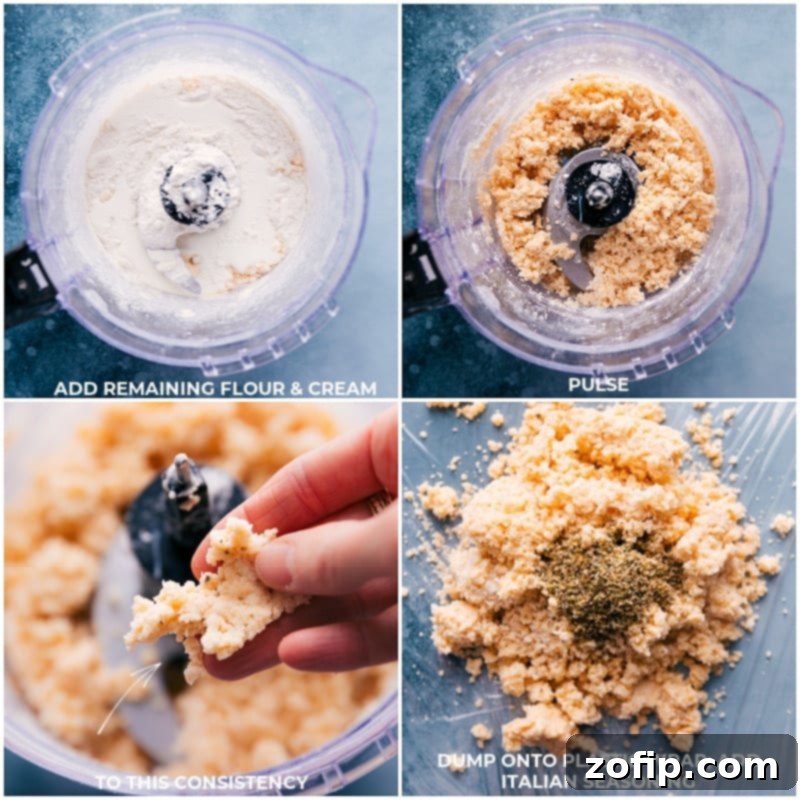 Process images showing flour and heavy cream being pulsed together, and then the final dough being placed onto plastic wrap for rolling